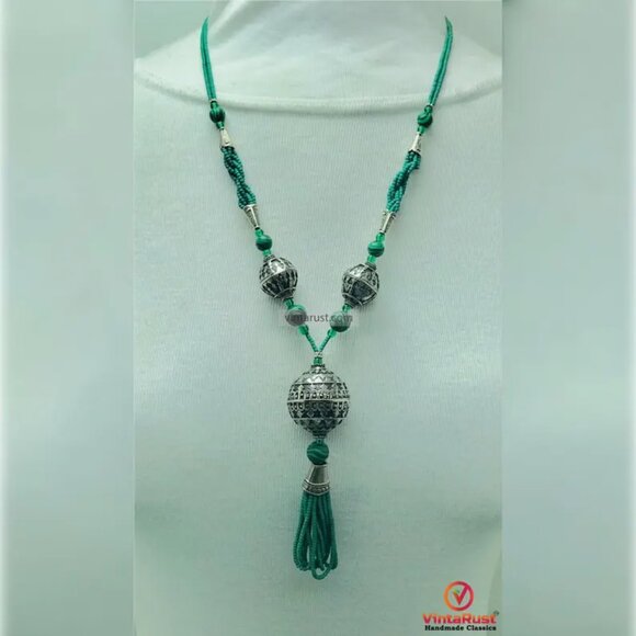 Bohemian Beaded Chain Necklace with Dangling Tassel Pendant, Green Beaded - Picture 2 of 11